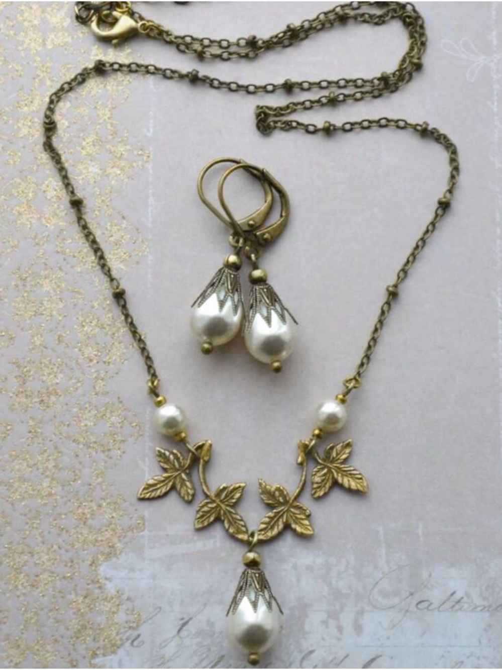 Victorian Vintage Style Intricate Brass Pearl Necklace and Dangle Earrings set!